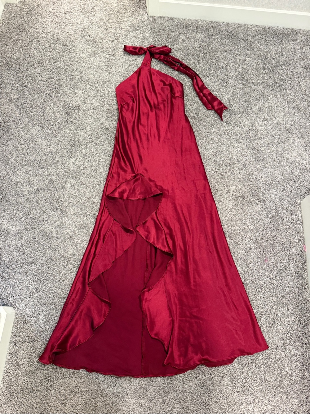 Morgan & Co. Burgundy Satin Halter Ruffle-Front Prom Gown